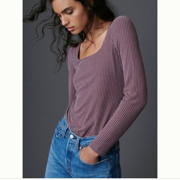Scoop Ribbed Long Sleeves Navy/Marin Top - Picture 1 of 6